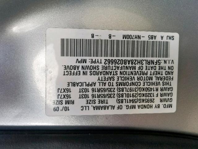 5FNRL3H28AB026662 - 2010 HONDA ODYSSEY LX GRAY photo 10