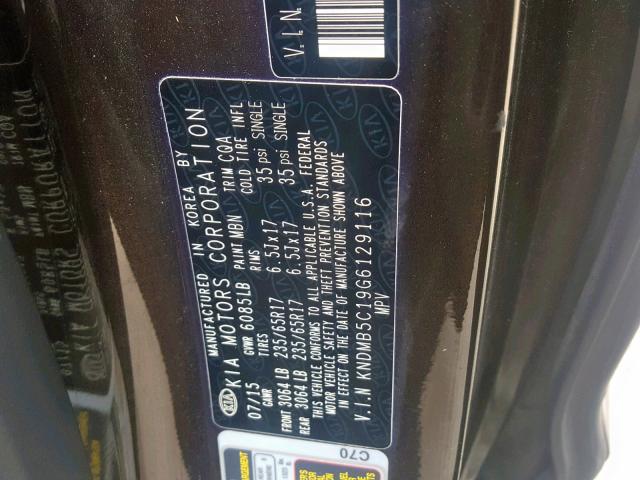 KNDMB5C19G6129116 - 2016 KIA SEDONA LX GRAY photo 10