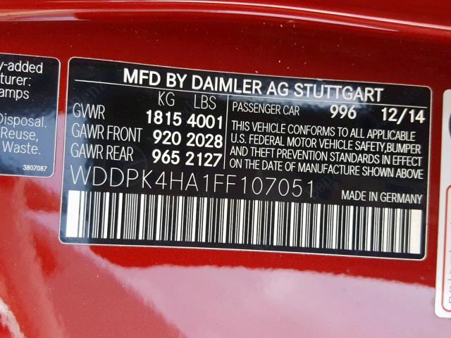 WDDPK4HA1FF107051 - 2015 MERCEDES-BENZ SLK 250 RED photo 10