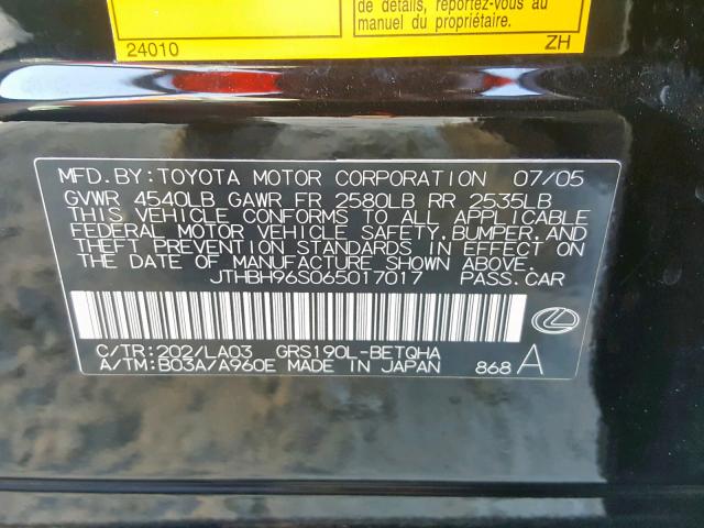 JTHBH96S065017017 - 2006 LEXUS GS 300 BLACK photo 10