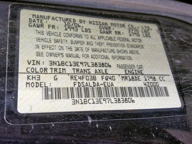 3N1BC13E97L383806 - 2007 NISSAN VERSA S BLACK photo 10