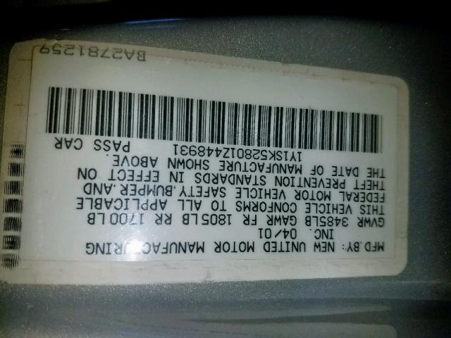 1Y1SK52801Z448931 - 2001 CHEVROLET GEO PRIZM 银色 照片 10