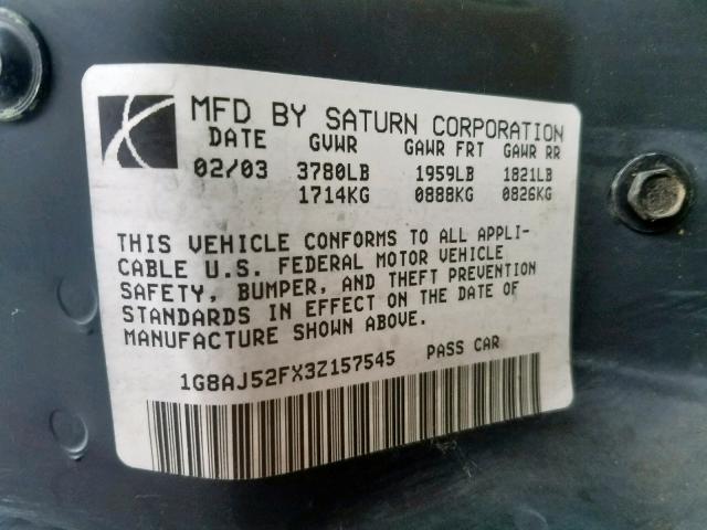 1G8AJ52FX3Z157545 - 2003 SATURN ION LEVEL GREEN photo 10