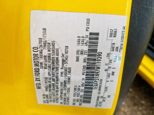 1FAFP31N97W119390 - 2007 FORD FOCUS ZX3 YELLOW photo 10