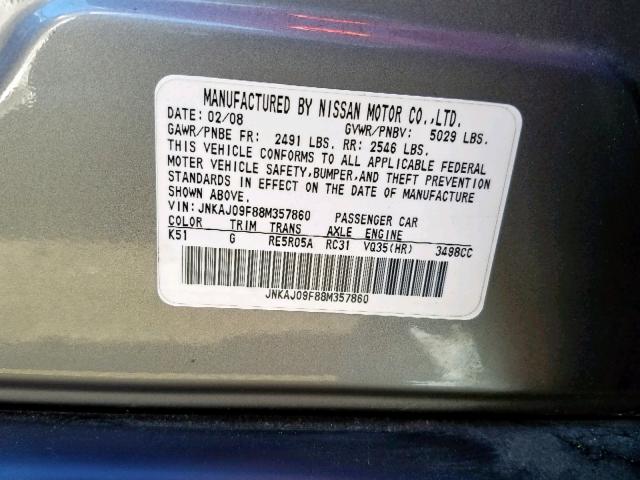 JNKAJ09F88M357860 - 2008 INFINITI EX35 BASE SILVER photo 10
