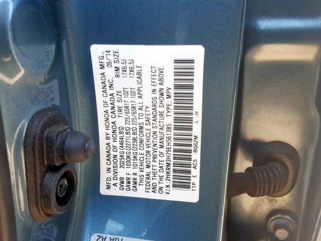 2HKRM3H79EH561385 - 2014 HONDA CR-V EXL BLUE photo 10