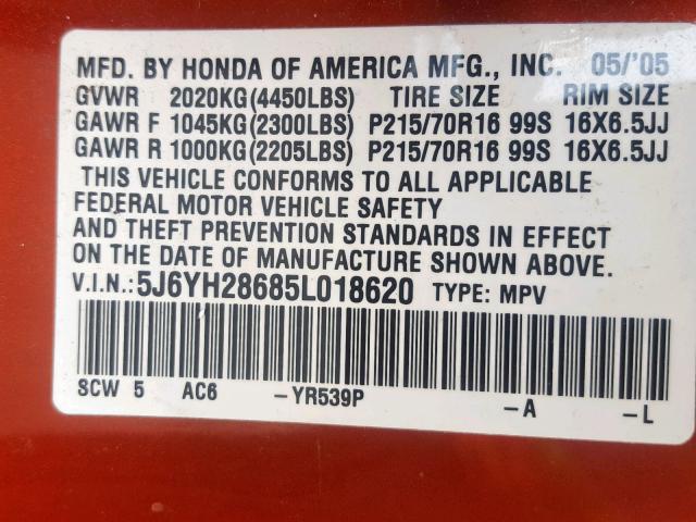 5J6YH28685L018620 - 2005 HONDA ELEMENT EX ORANGE photo 10