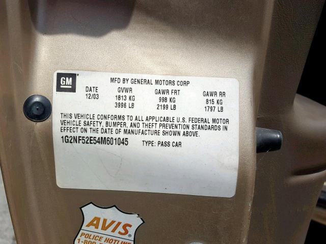 1G2NF52E54M601045 - 2004 PONTIAC GRAND AM S TAN photo 10