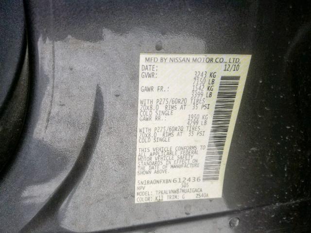 5N1BA0NFXBN612436 - 2011 NISSAN ARMADA PLA GRAY photo 10