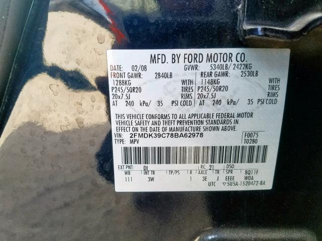 2FMDK39C78BA62978 - 2008 FORD EDGE LIMIT BLACK photo 10