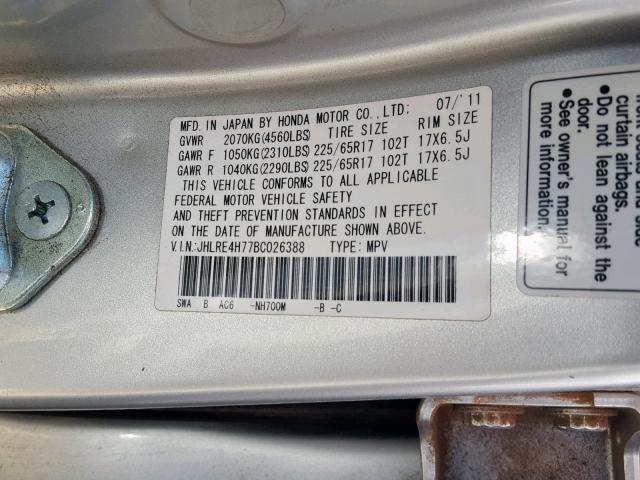 JHLRE4H77BC026388 - 2011 HONDA CR-V EXL SILVER photo 10