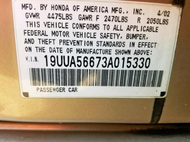 19UUA56673A015330 - 2003 ACURA 3.2TL BEIGE photo 10