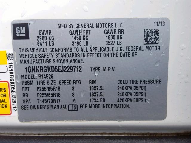 1GNKRGKD5EJ229712 - 2014 CHEVROLET TRAVERSE L WHITE photo 10