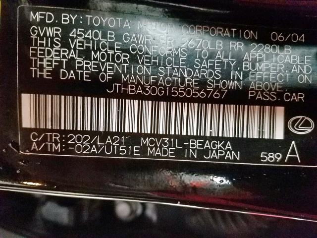 JTHBA30G155056767 - 2005 LEXUS ES 330 BLACK photo 10