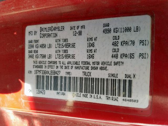 1B7MF336XXJ558427 - 1999 DODGE RAM 3500 RED photo 10