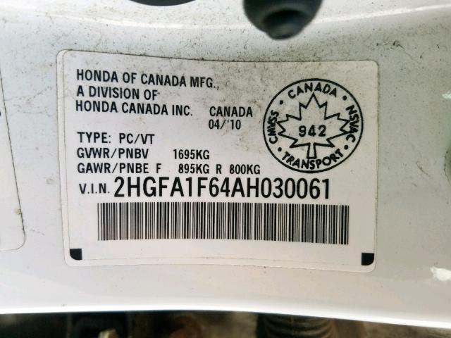 2HGFA1F64AH030061 - 2010 HONDA CIVIC LX-S Սպիտակ լուսանկար 10