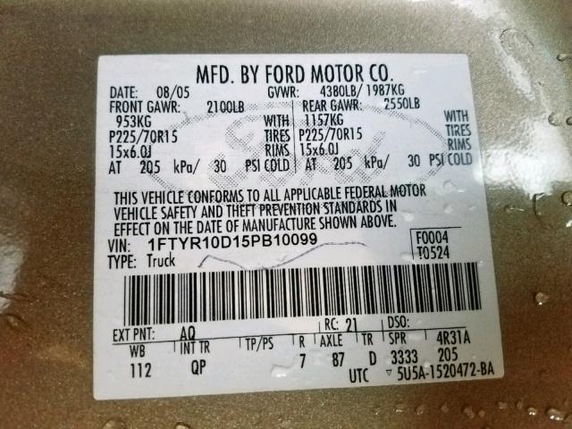 1FTYR10D15PB10099 - 2005 FORD RANGER BEIGE photo 10