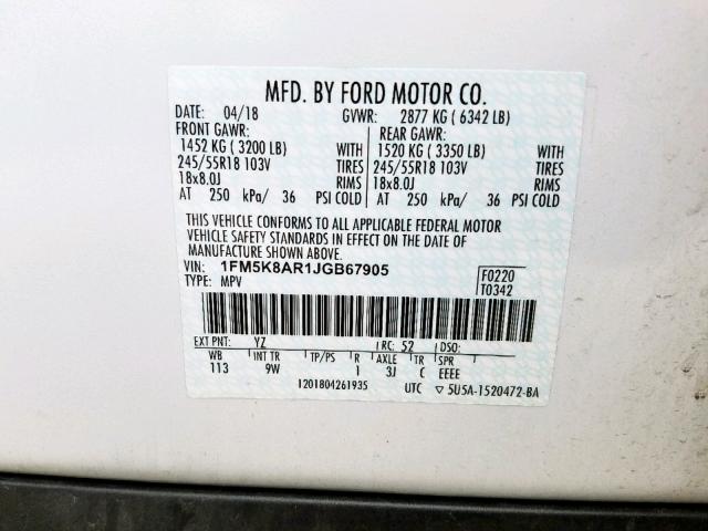 1FM5K8AR1JGB67905 - 2018 FORD EXPLORER P WHITE photo 10