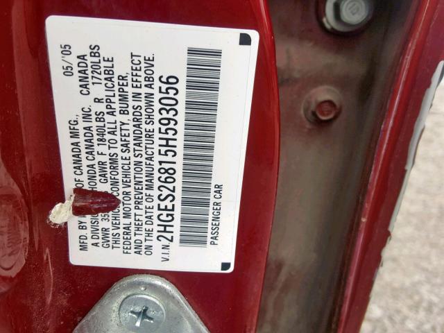 2HGES26815H593056 - 2005 HONDA CIVIC EX BURGUNDY photo 10