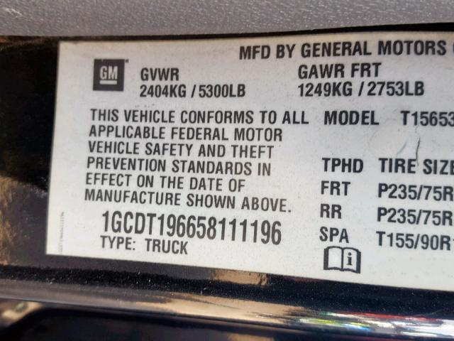 1GCDT196658111196 - 2005 CHEVROLET COLORADO BLACK photo 10