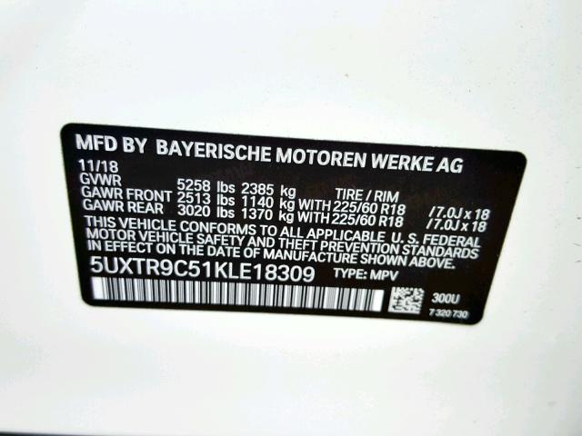 5UXTR9C51KLE18309 - 2019 BMW X3 XDRIVE3 WHITE photo 10