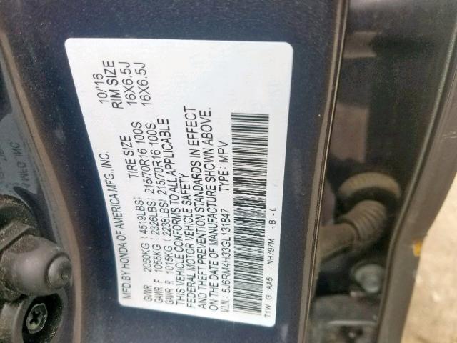 5J6RM4H33GL131847 - 2016 HONDA CR-V LX GRAY photo 10