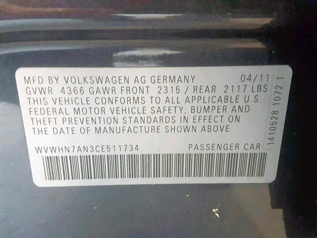 WVWHN7AN3CE511734 - 2012 VOLKSWAGEN CC LUXURY GRAY photo 10