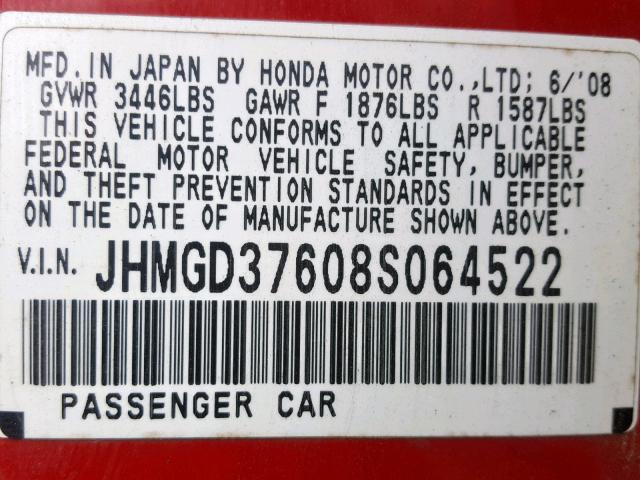 JHMGD37608S064522 - 2008 HONDA FIT SPORT RED photo 10