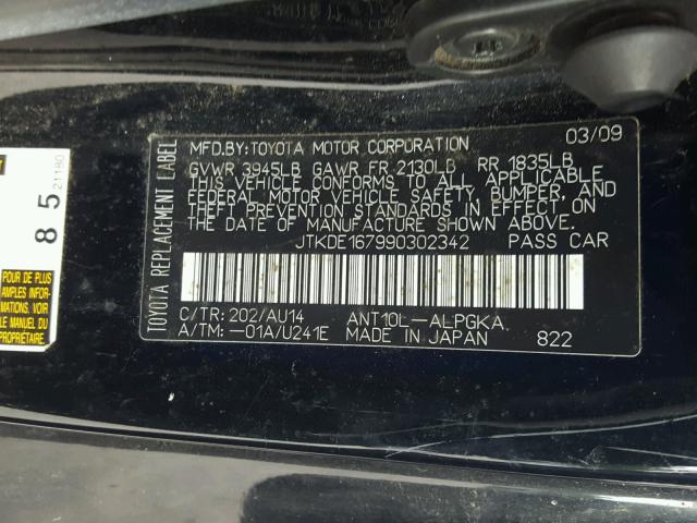 JTKDE167990302342 - 2009 TOYOTA SCION TC შავი ფოტო 10