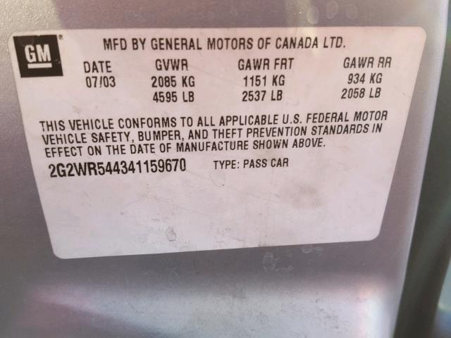 2G2WR544341159670 - 2004 PONTIAC GRAND PRIX GRAY photo 10