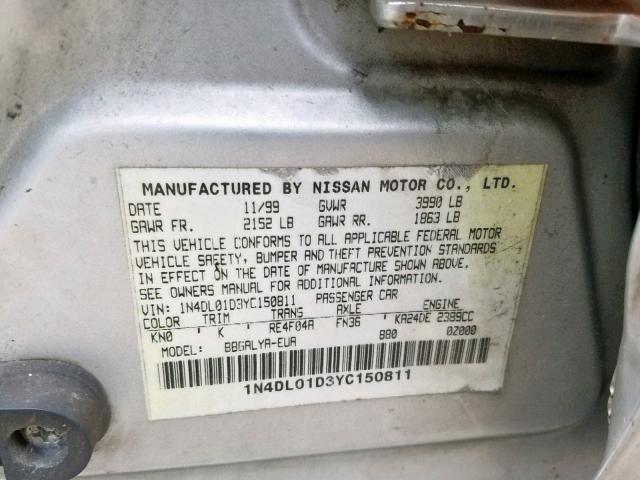 1N4DL01D3YC150811 - 2000 NISSAN ALTIMA XE SILVER photo 10