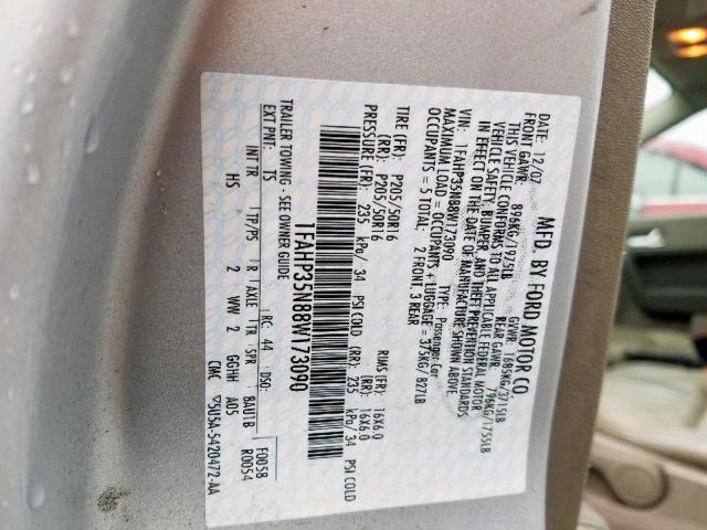 1FAHP35N88W173090 - 2008 FORD FOCUS SE SILVER photo 10