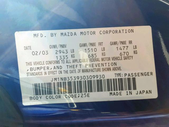 JM1NB353930309930 - 2003 MAZDA MX-5 MIATA BLUE photo 10