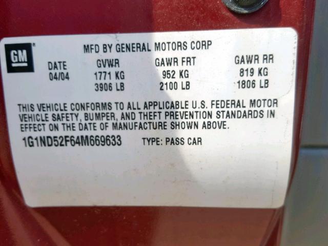 1G1ND52F64M669633 - 2004 CHEVROLET CLASSIC RED photo 10