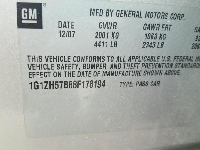 1G1ZH57B88F178194 - 2008 CHEVROLET MALIBU 1LT 银色 照片 10