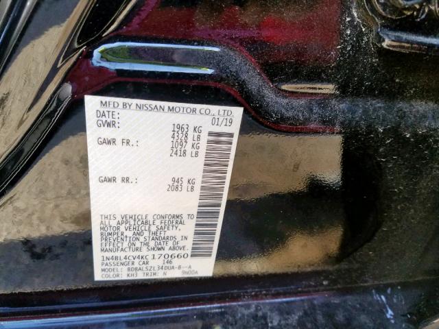 1N4BL4CV4KC170660 - 2019 NISSAN ALTIMA SR BLACK photo 10