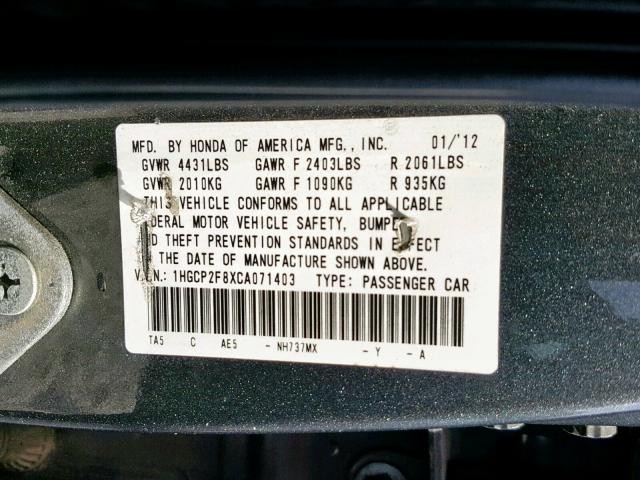 1HGCP2F8XCA071403 - 2012 HONDA ACCORD EXL SILVER photo 10