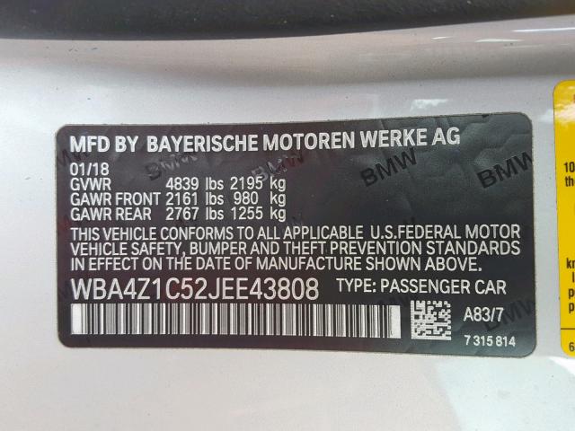 WBA4Z1C52JEE43808 - 2018 BMW 430I SILVER photo 10