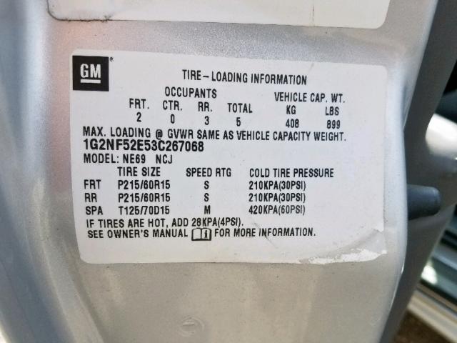 1G2NF52E53C267068 - 2003 PONTIAC GRAND AM S SILVER photo 10