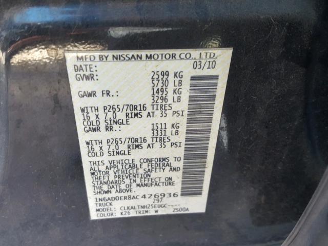 1N6AD0ER8AC426936 - 2010 NISSAN FRONTIER C GRAY photo 10