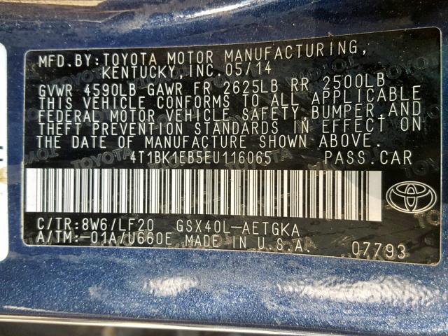 4T1BK1EB5EU116065 - 2014 TOYOTA AVALON BAS BLUE photo 10