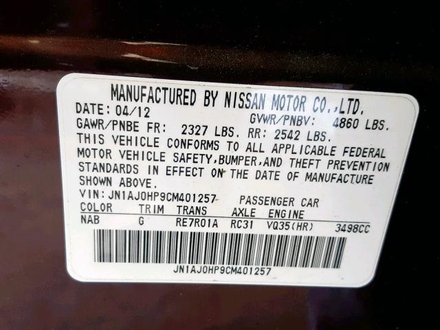 JN1AJ0HP9CM401257 - 2012 INFINITI EX35 BASE BURGUNDY photo 10