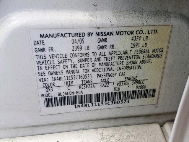 1N4BL11E55C360523 - 2005 NISSAN ALTIMA SE WHITE photo 10