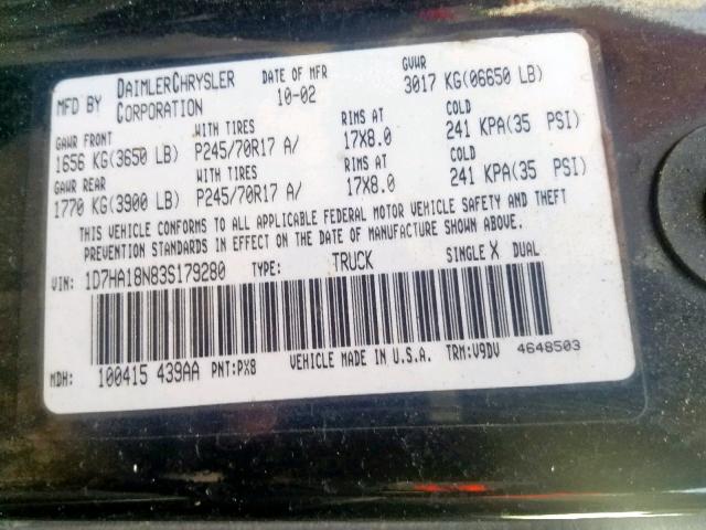 1D7HA18N83S179280 - 2003 DODGE RAM 1500 S BLACK photo 10