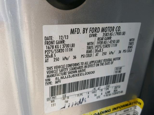 5LMJJ3J5XEEL03030 - 2014 LINCOLN NAVIGATOR 银色 照片 10