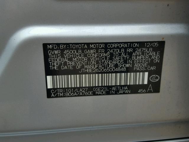 JTHBE262065004848 - 2006 LEXUS IS 350 SILVER photo 10