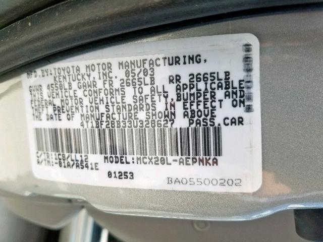 4T1BF28B33U328627 - 2003 TOYOTA AVALON SILVER photo 10