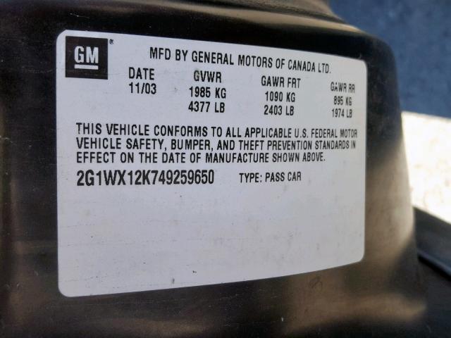 2G1WX12K749259650 - 2004 CHEVROLET MONTE CARL შავი ფოტო 10