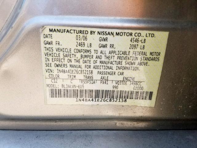 1N4BA41E26C852158 - 2006 NISSAN MAXIMA SE TAN photo 10