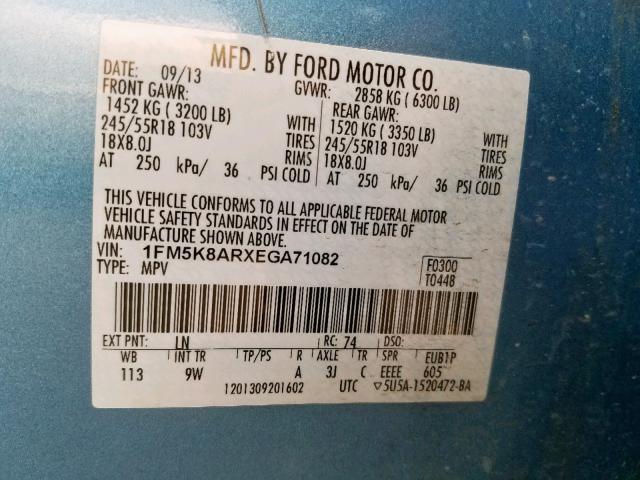 1FM5K8ARXEGA71082 - 2014 FORD EXPLORER P BLUE photo 10